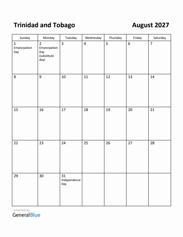 August 2027 Calendar with Trinidad and Tobago Holidays