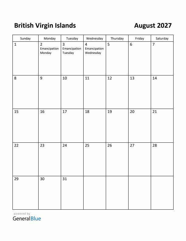 August 2027 Calendar with British Virgin Islands Holidays