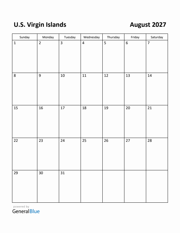August 2027 Calendar with U.S. Virgin Islands Holidays