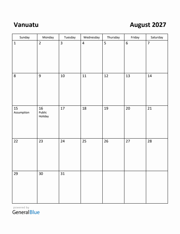 August 2027 Calendar with Vanuatu Holidays