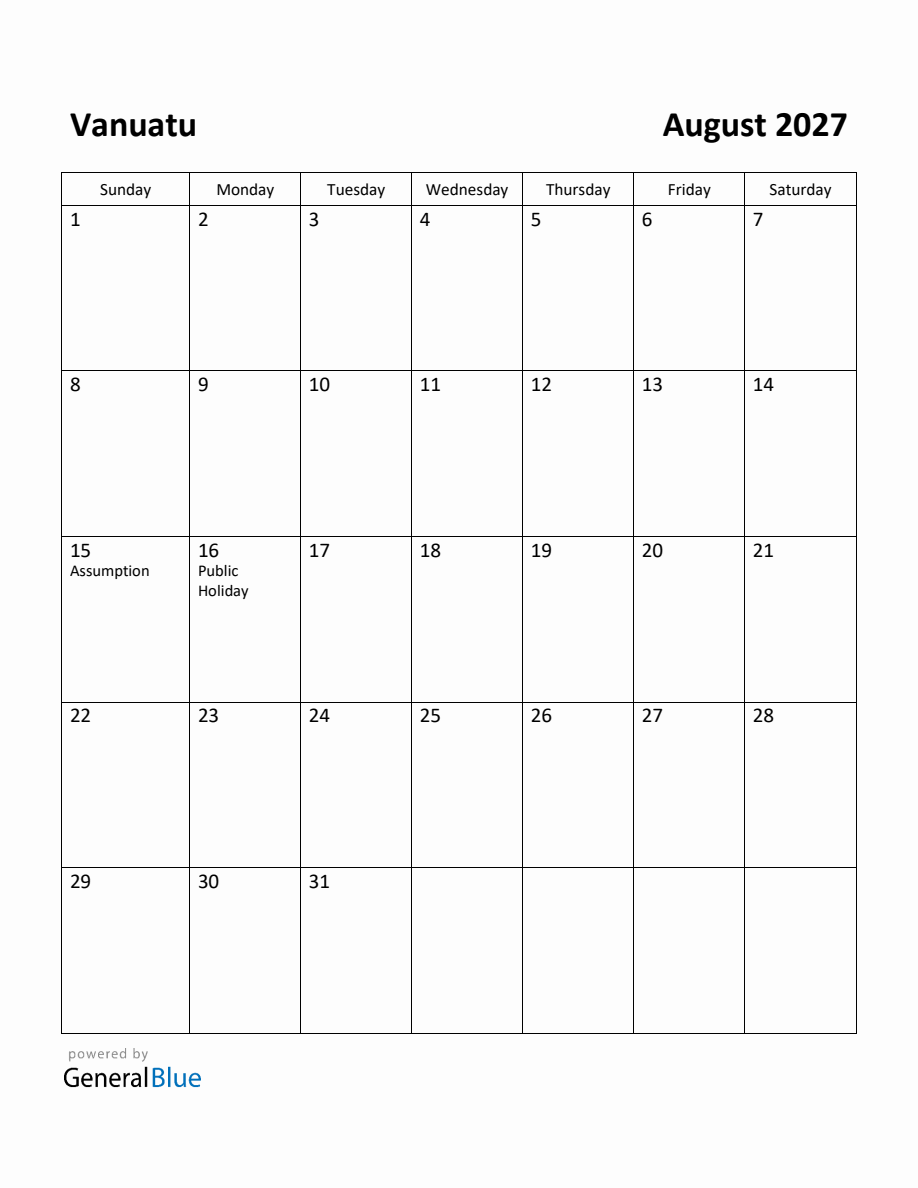 Free Printable August 2027 Calendar for Vanuatu