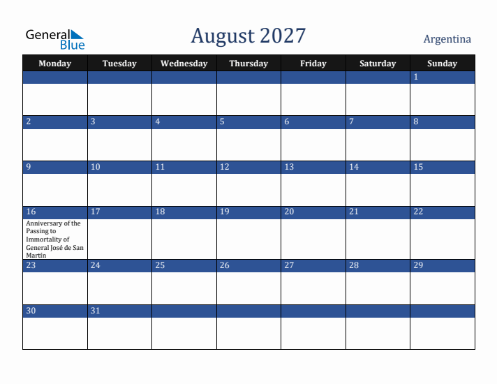 August 2027 Argentina Calendar (Monday Start)