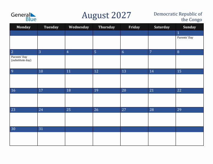 August 2027 Democratic Republic of the Congo Calendar (Monday Start)
