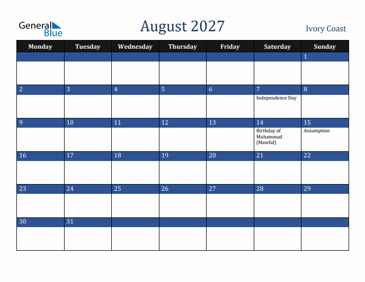 August 2027 Ivory Coast Calendar (Monday Start)