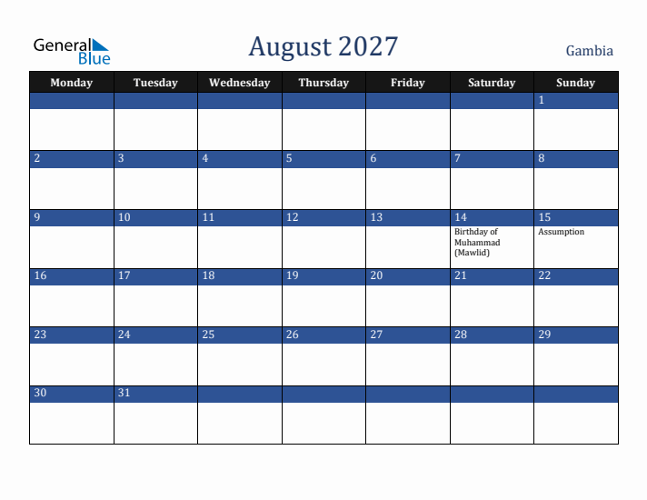 August 2027 Gambia Calendar (Monday Start)