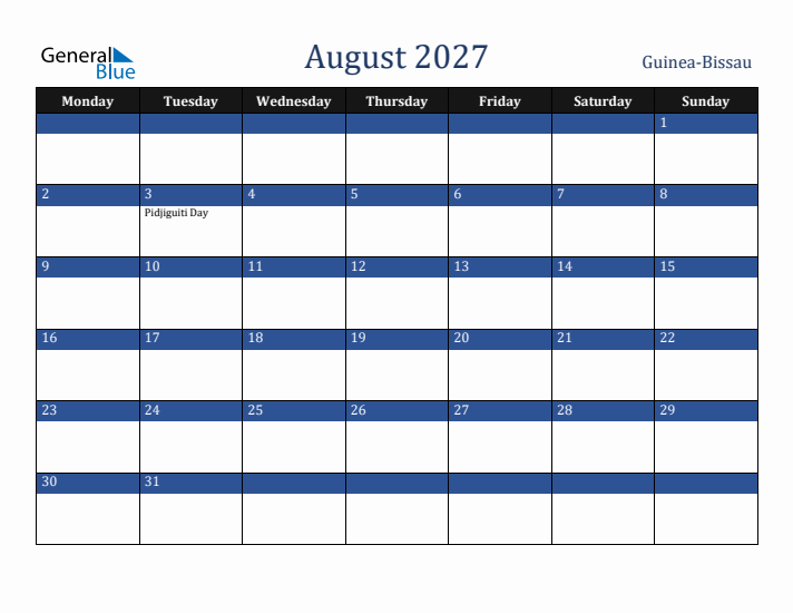 August 2027 Guinea-Bissau Calendar (Monday Start)