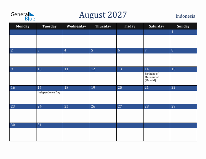 August 2027 Indonesia Calendar (Monday Start)