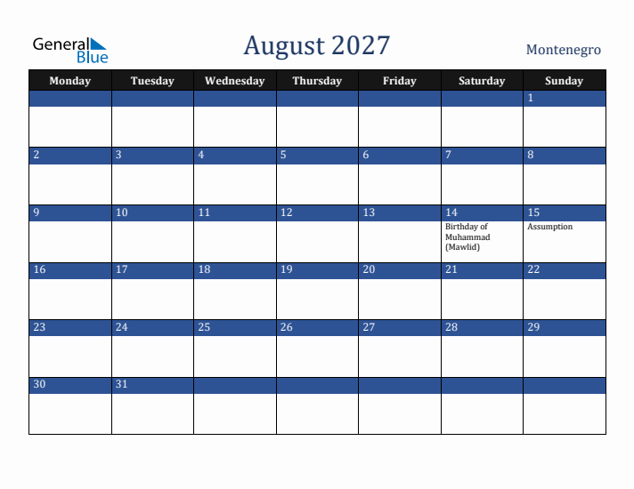 August 2027 Montenegro Calendar (Monday Start)