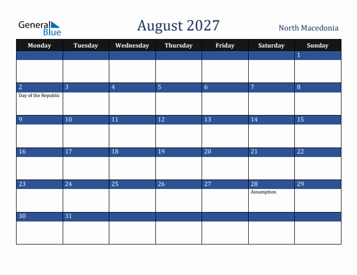 August 2027 North Macedonia Calendar (Monday Start)