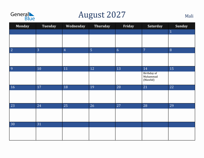 August 2027 Mali Calendar (Monday Start)
