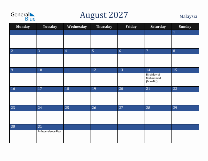 August 2027 Malaysia Calendar (Monday Start)