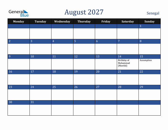 August 2027 Senegal Calendar (Monday Start)