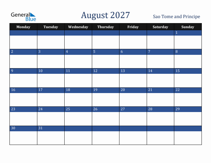 August 2027 Sao Tome and Principe Calendar (Monday Start)