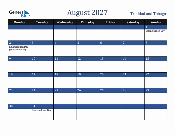 August 2027 Trinidad and Tobago Calendar (Monday Start)