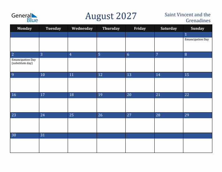 August 2027 Saint Vincent and the Grenadines Calendar (Monday Start)