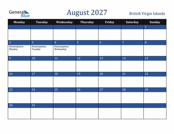 August 2027 British Virgin Islands Calendar (Monday Start)