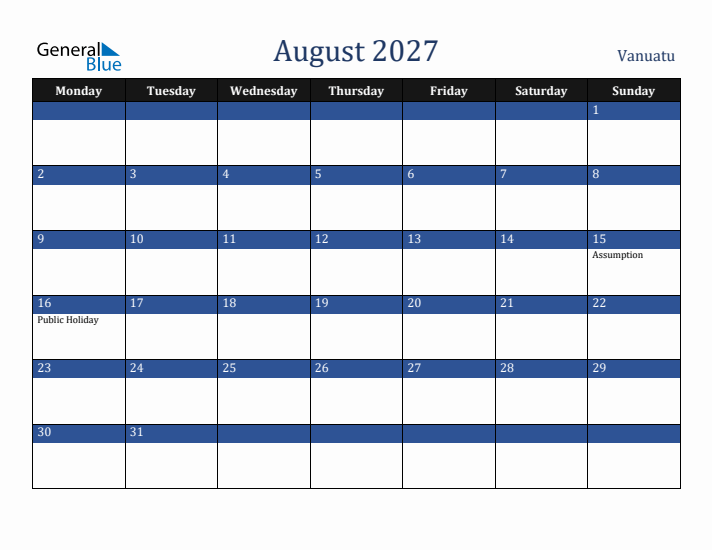 August 2027 Vanuatu Calendar (Monday Start)