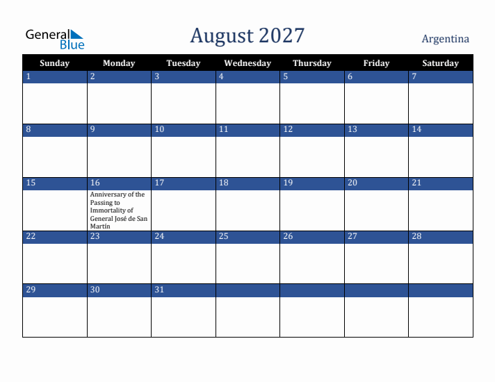 August 2027 Argentina Calendar (Sunday Start)