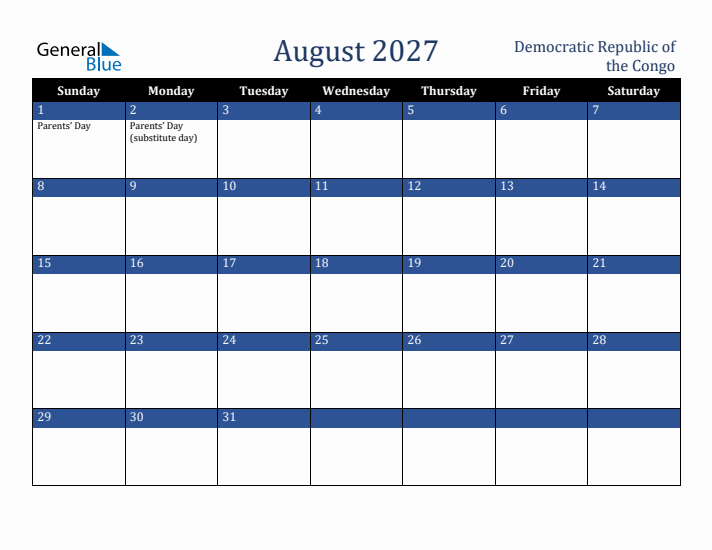 August 2027 Democratic Republic of the Congo Calendar (Sunday Start)