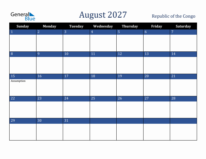 August 2027 Republic of the Congo Calendar (Sunday Start)