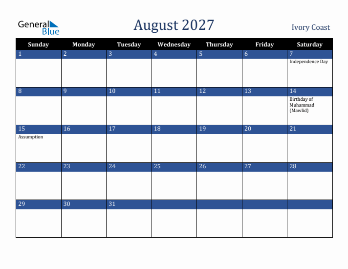 August 2027 Ivory Coast Calendar (Sunday Start)