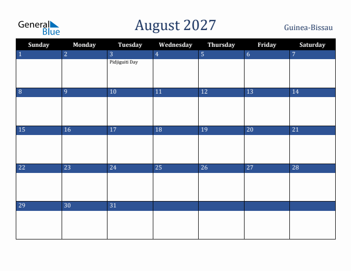 August 2027 Guinea-Bissau Calendar (Sunday Start)