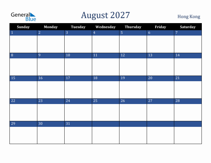 August 2027 Hong Kong Calendar (Sunday Start)