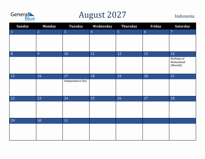 August 2027 Indonesia Calendar (Sunday Start)