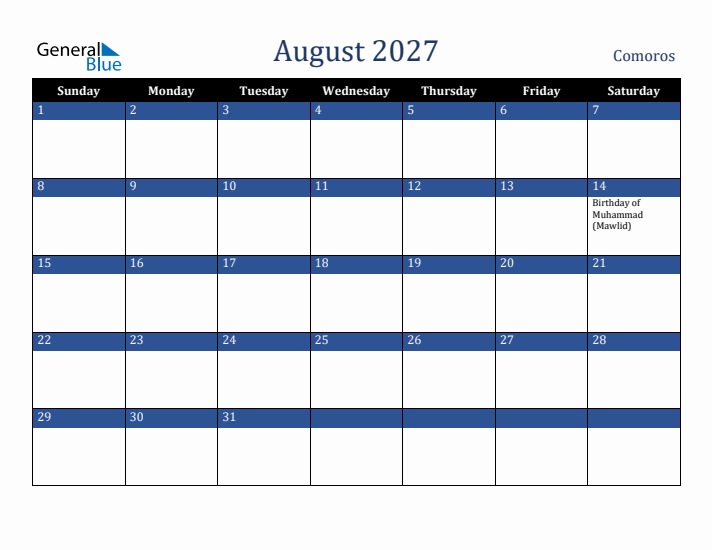 August 2027 Comoros Calendar (Sunday Start)