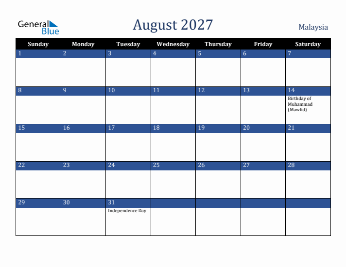 August 2027 Malaysia Calendar (Sunday Start)