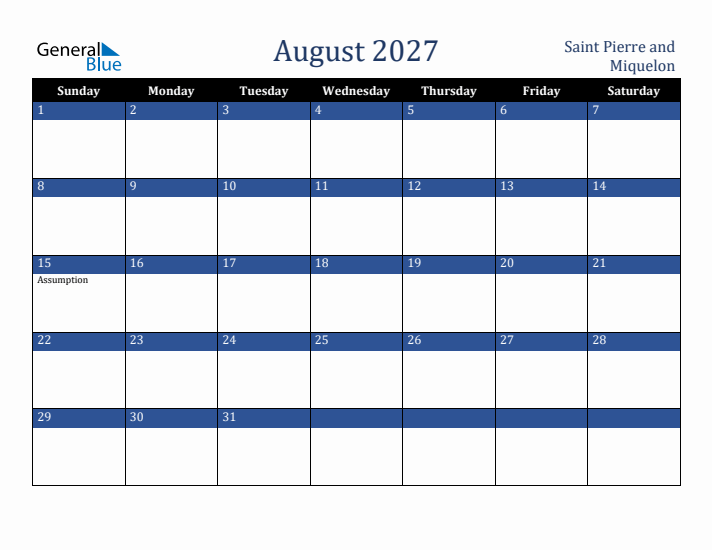 August 2027 Saint Pierre and Miquelon Calendar (Sunday Start)