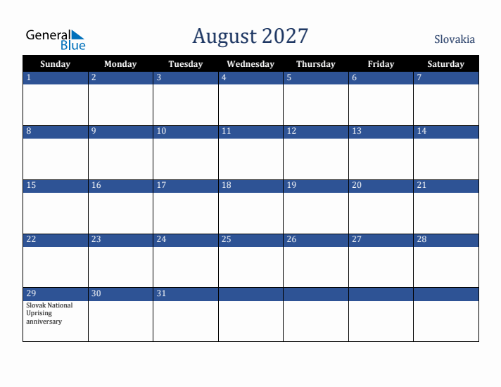 August 2027 Slovakia Calendar (Sunday Start)
