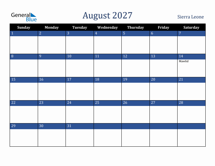 August 2027 Sierra Leone Calendar (Sunday Start)