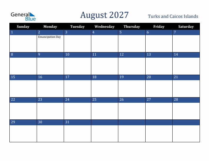 August 2027 Turks and Caicos Islands Calendar (Sunday Start)