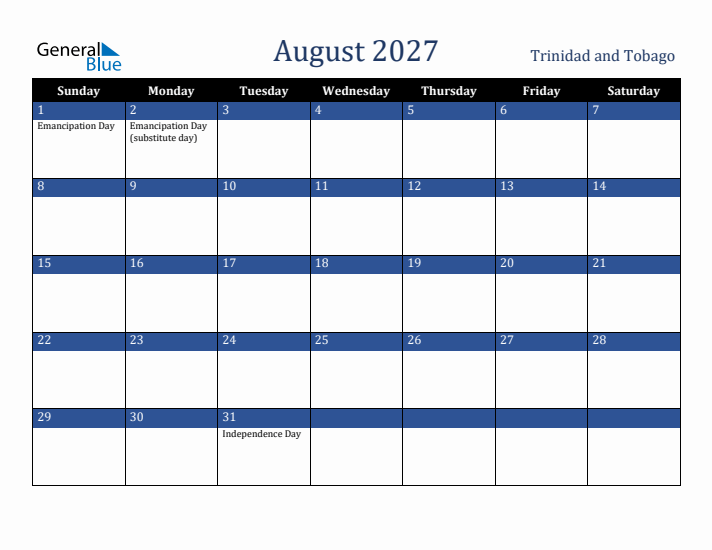 August 2027 Trinidad and Tobago Calendar (Sunday Start)