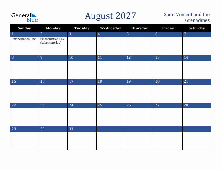 August 2027 Saint Vincent and the Grenadines Calendar (Sunday Start)
