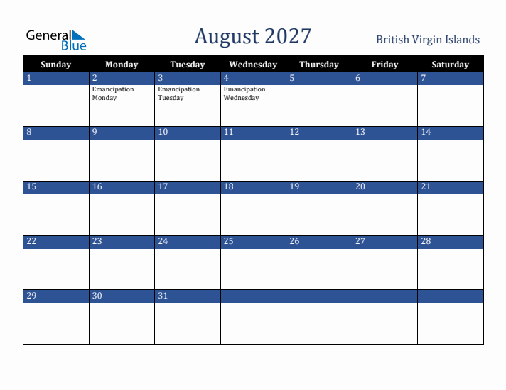 August 2027 British Virgin Islands Calendar (Sunday Start)