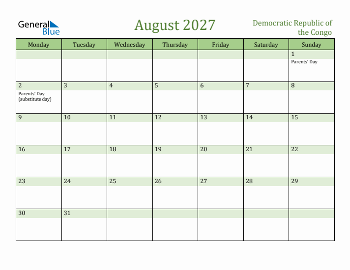 August 2027 Calendar with Democratic Republic of the Congo Holidays