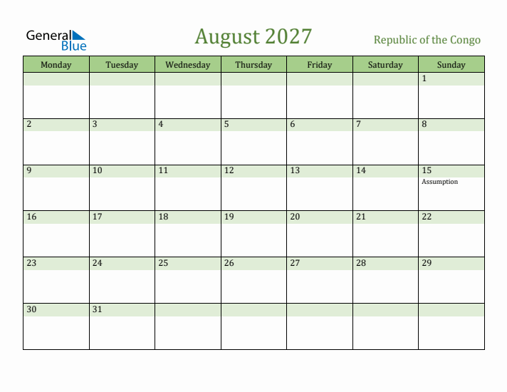 August 2027 Calendar with Republic of the Congo Holidays