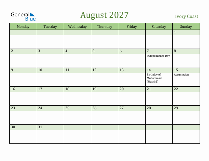 August 2027 Calendar with Ivory Coast Holidays