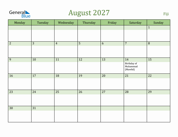 August 2027 Calendar with Fiji Holidays