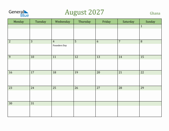 August 2027 Calendar with Ghana Holidays