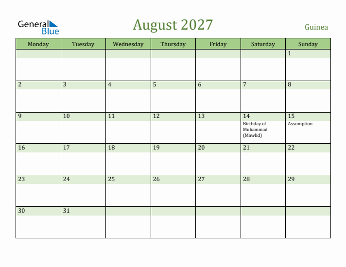 August 2027 Calendar with Guinea Holidays