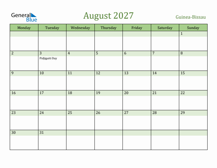 August 2027 Calendar with Guinea-Bissau Holidays