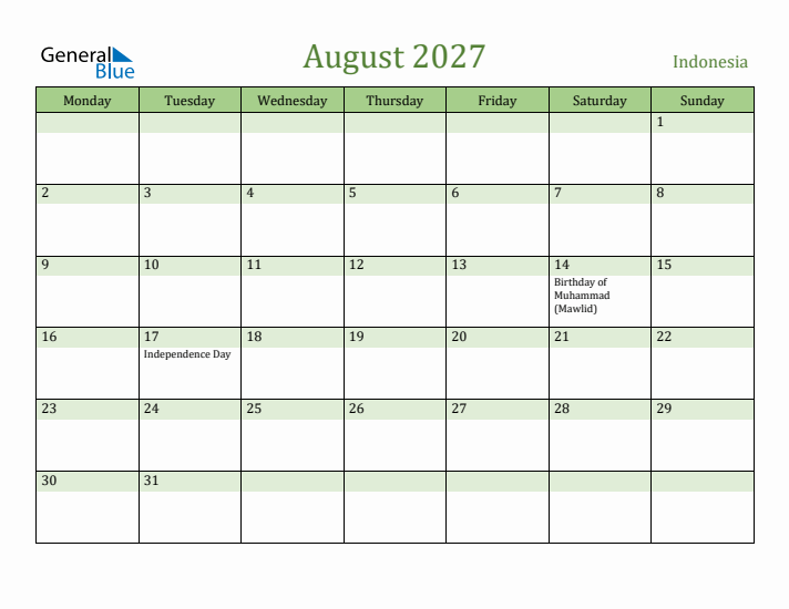 August 2027 Calendar with Indonesia Holidays