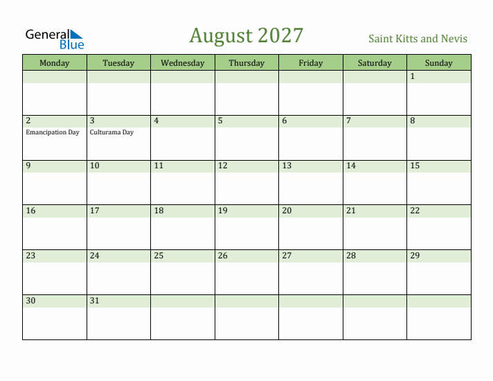 August 2027 Calendar with Saint Kitts and Nevis Holidays