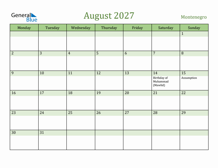 August 2027 Calendar with Montenegro Holidays