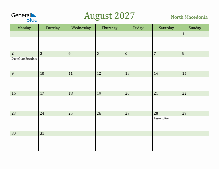 August 2027 Calendar with North Macedonia Holidays