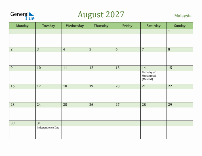 August 2027 Calendar with Malaysia Holidays