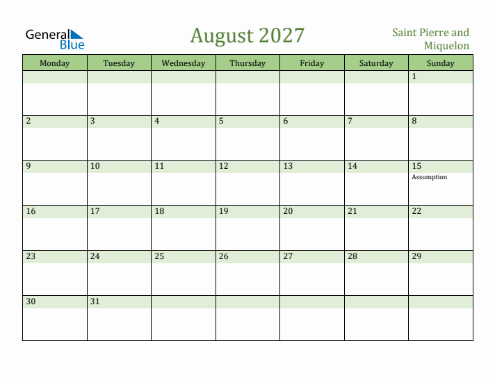 August 2027 Calendar with Saint Pierre and Miquelon Holidays